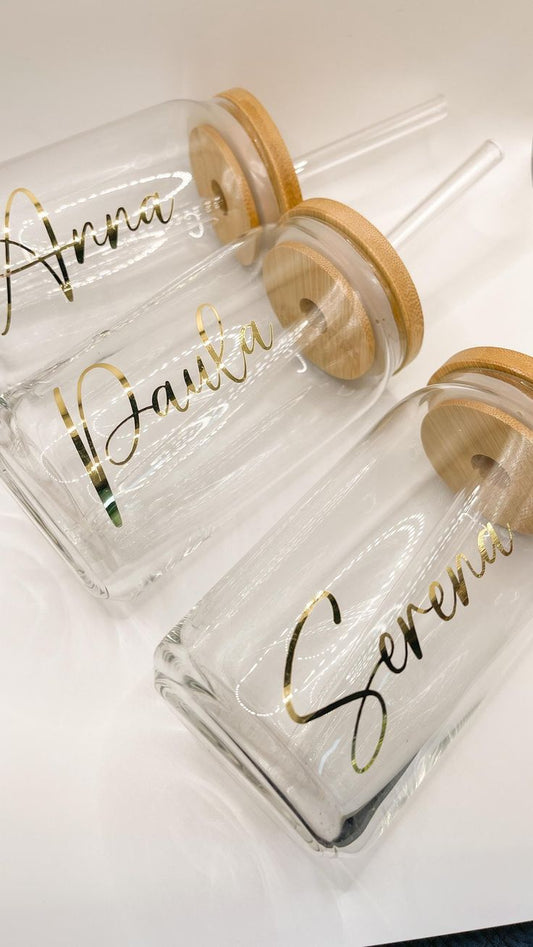 Vasos de cristal personalizados con nombre y tapa de bambú
